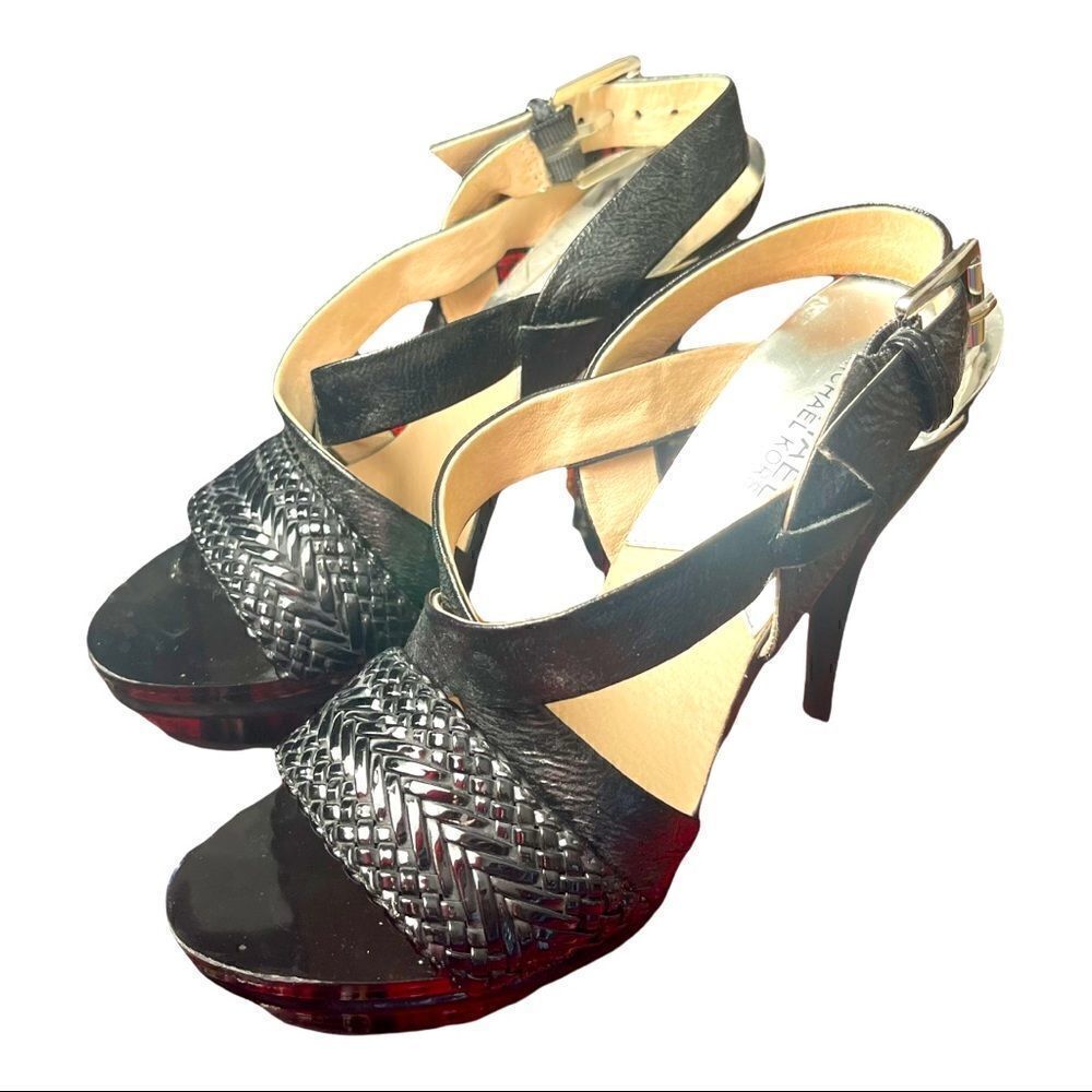 Michael Kors Black Leather Upper Open Toe Ankle Strap High Heels Sz 7.5